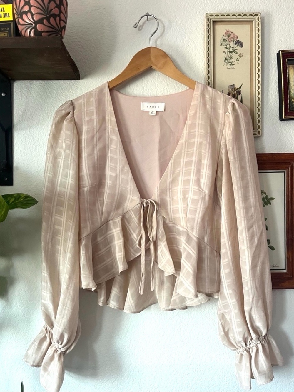 MABLE Blush Pink Tie-Front Ruffle Peplum Long Sleeve Blouse - Small